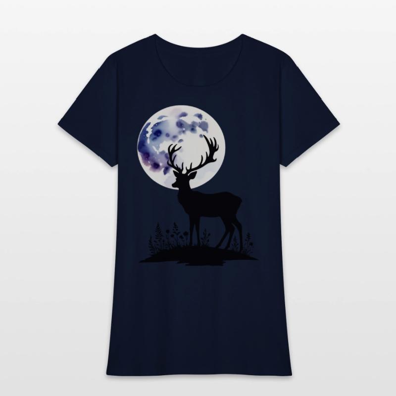 Deer Silhouette Against Watercolor Moon