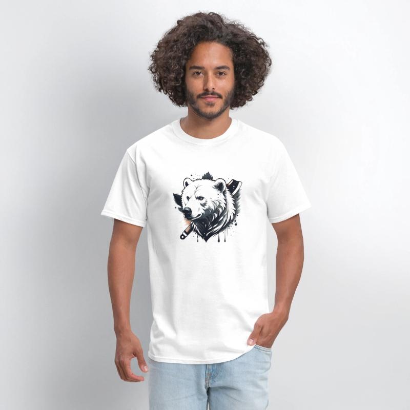 A rugged bear wields an axe,