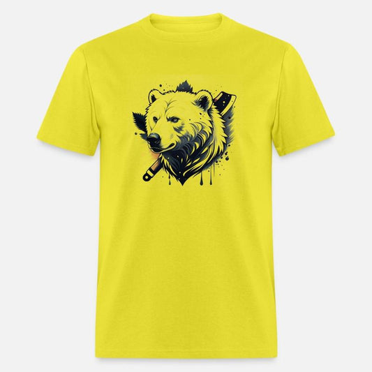 A rugged bear wields an axe,