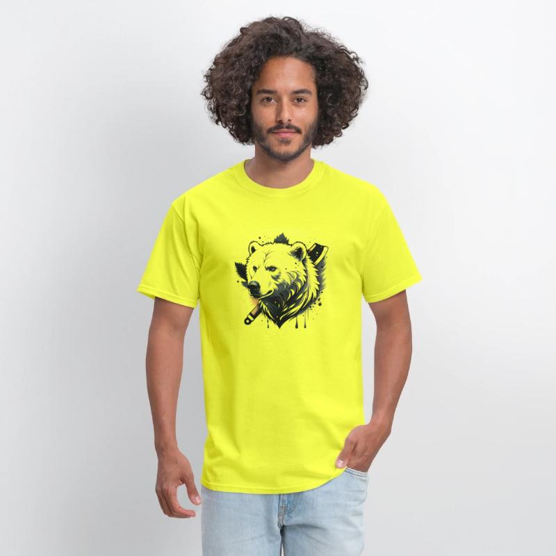 A rugged bear wields an axe,