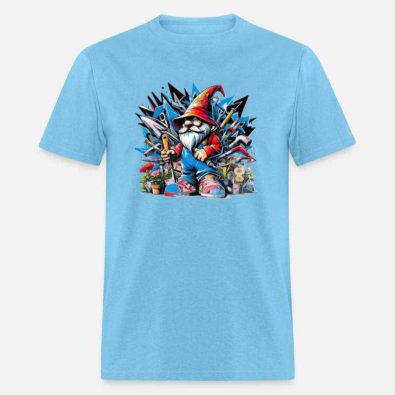 Colorful, lively garden gnome surrounded by tools