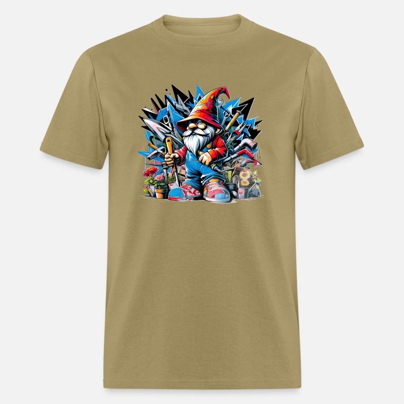 Colorful, lively garden gnome surrounded by tools