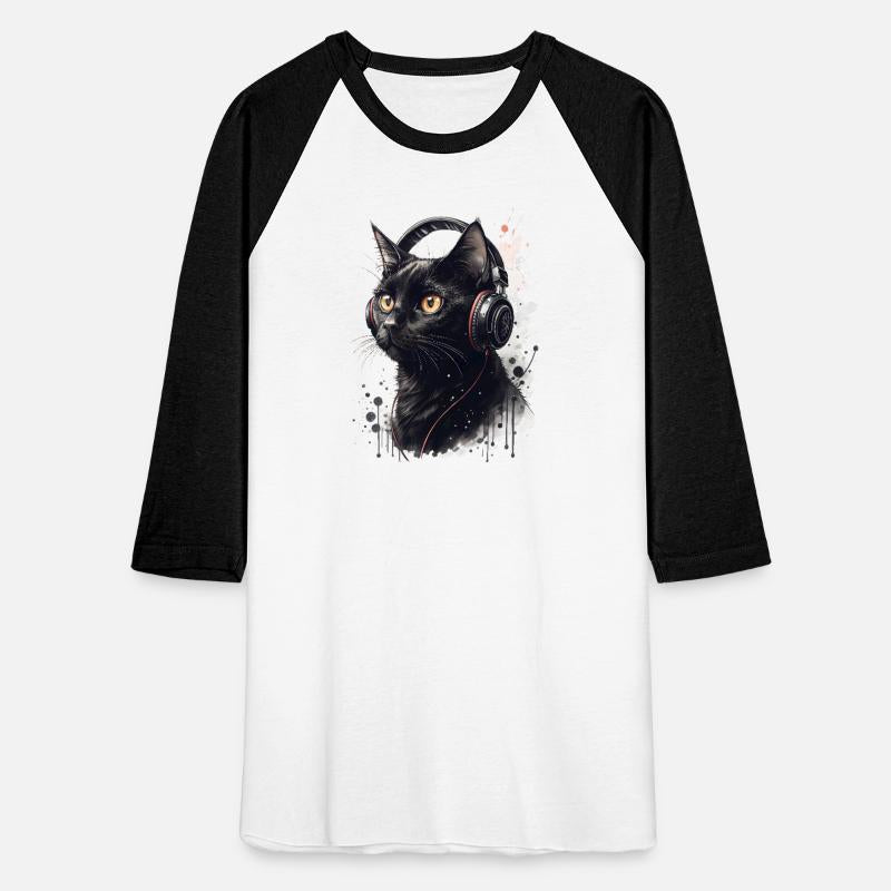 Cool black cat wearing headphones