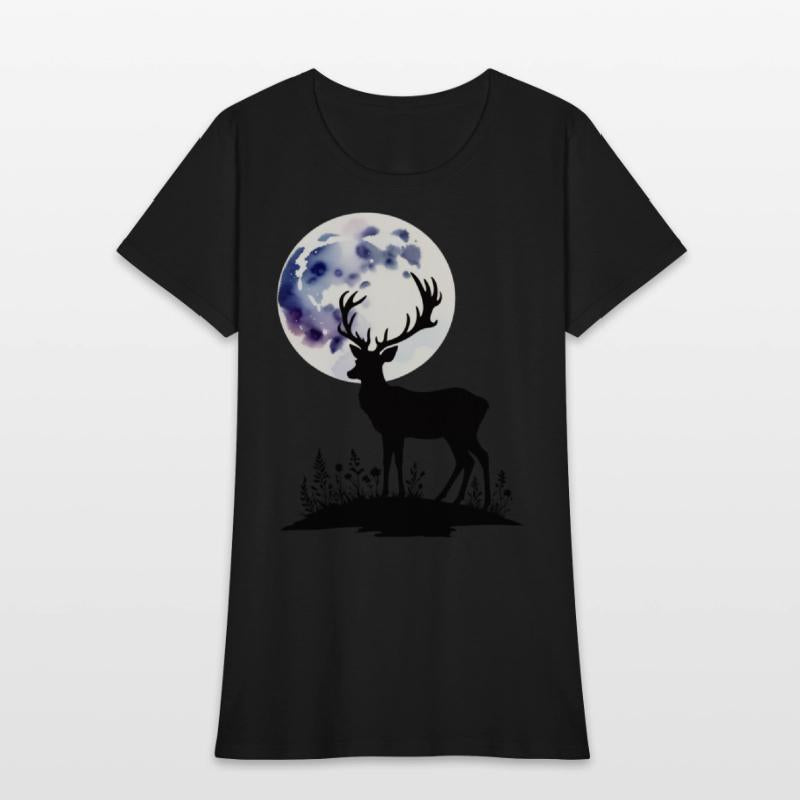 Deer Silhouette Against Watercolor Moon