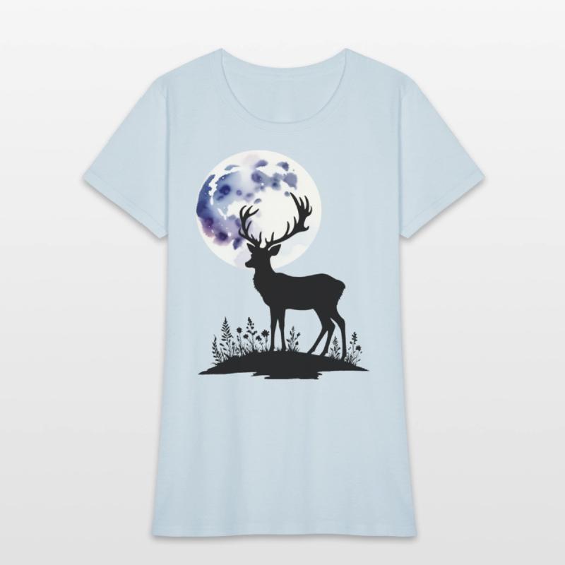 Deer Silhouette Against Watercolor Moon