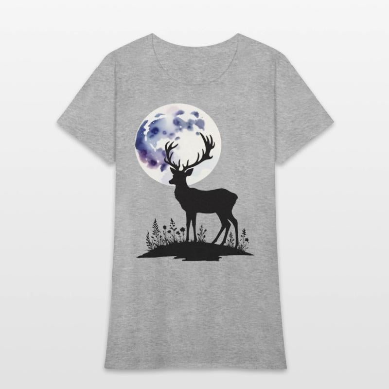 Deer Silhouette Against Watercolor Moon