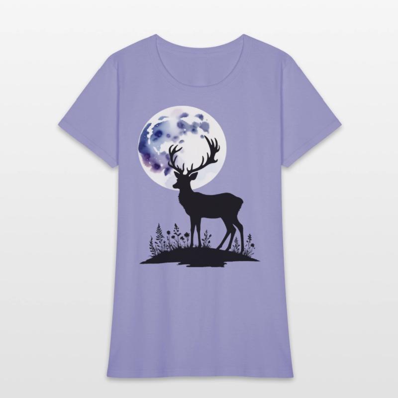 Deer Silhouette Against Watercolor Moon