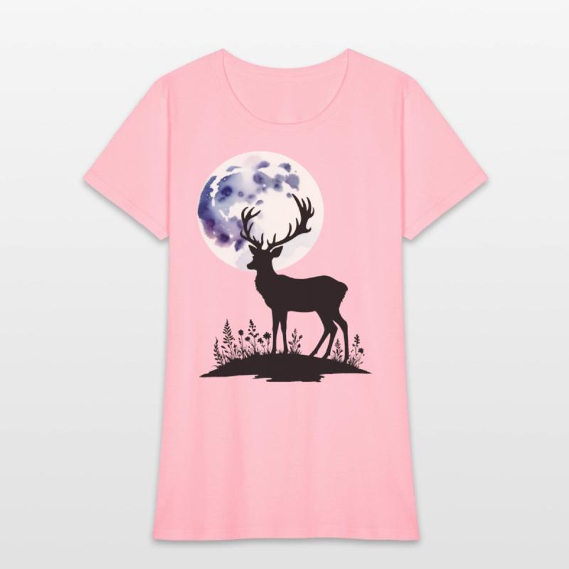 Deer Silhouette Against Watercolor Moon