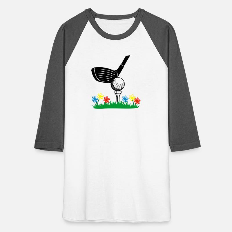 Golf stick and ball on grass field with flowers