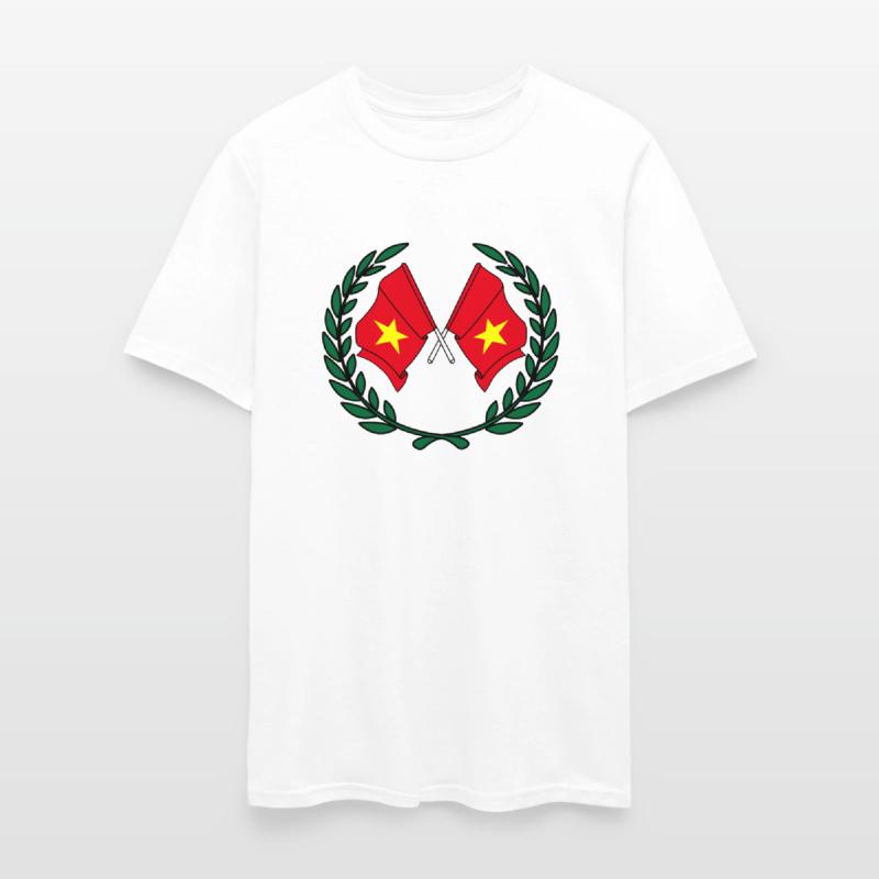 Two flags of Vietnam in green laurel wreath