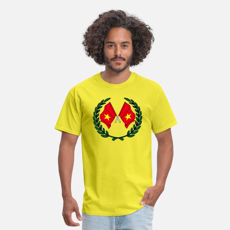 Two flags of Vietnam in green laurel wreath